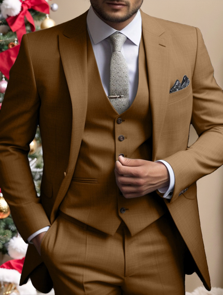 Men's tailored three-piece wedding suit with single breasted jacket, waistcoat and trousers