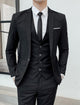 Men's tailored three-piece wedding suit with single breasted jacket, waistcoat and trousers