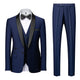 Men's 3-piece wedding suit with single-breasted jacket, waistcoat, and trousers in royal blue and burgundy colorways, shown with formal shirt and bow tie.