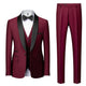 Men's 3-piece wedding suit with single-breasted jacket, waistcoat, and trousers in royal blue and burgundy colorways, shown with formal shirt and bow tie.