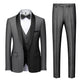 Men's 3-piece wedding suit with single-breasted jacket, waistcoat, and trousers in royal blue and burgundy colorways, shown with formal shirt and bow tie.