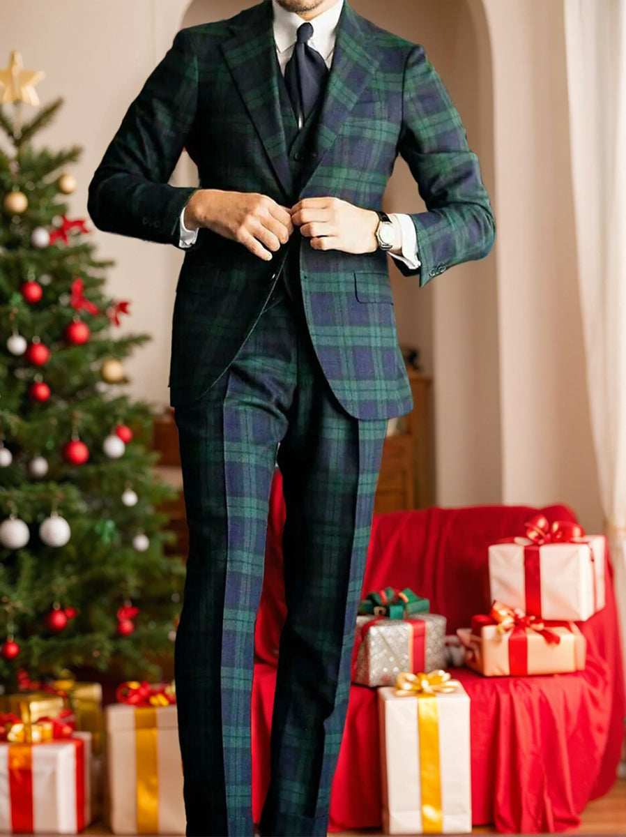 Men's 3-Piece Plaid Wedding Suit in dark green