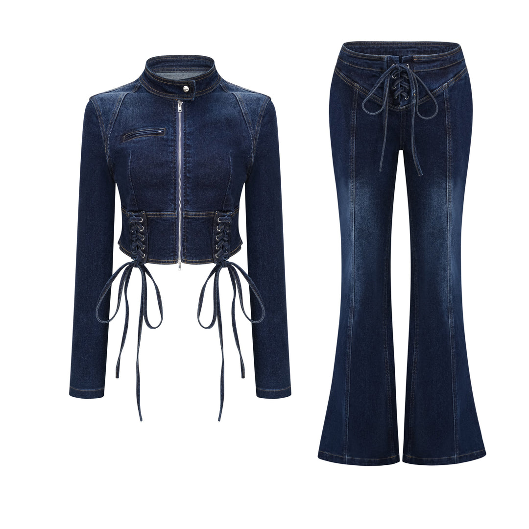 Women's indigo blue denim lace-up co-ord set with cropped jacket and flare trousers