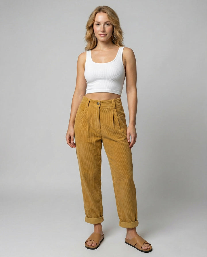 Women's corduroy trousers with high rise and rolled cuffs
