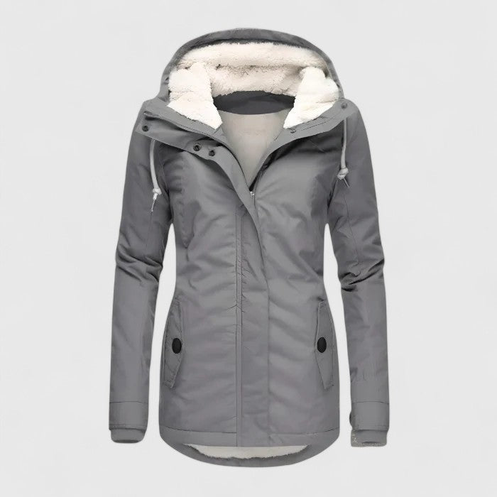 Women's hooded winter jacket with long sleeves, drawcord hood and front pockets