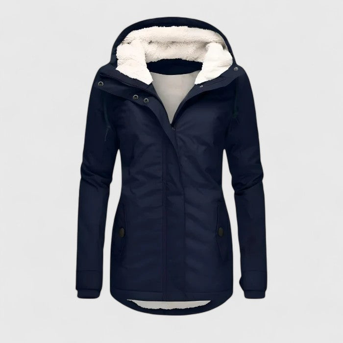 Women's hooded winter jacket with long sleeves, drawcord hood and front pockets