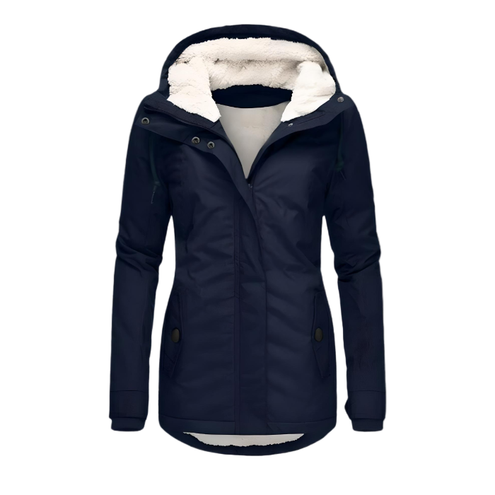 Women's hooded winter coat with fur-lined hood and front pockets