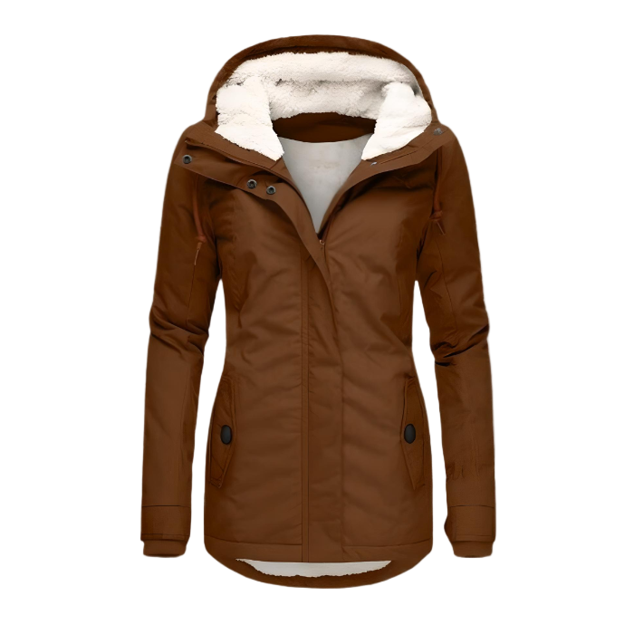 Women's hooded winter coat with fur-lined hood and front pockets