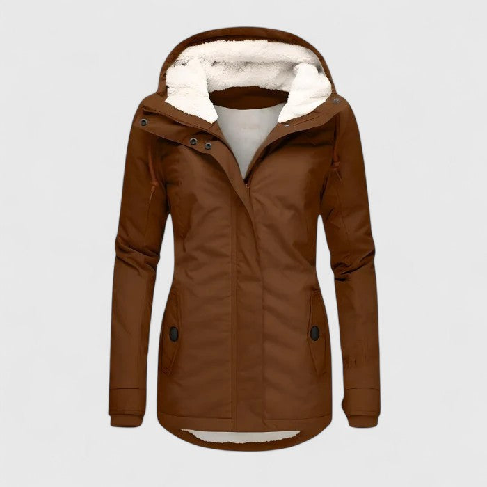 Women's hooded winter jacket with long sleeves, drawcord hood and front pockets