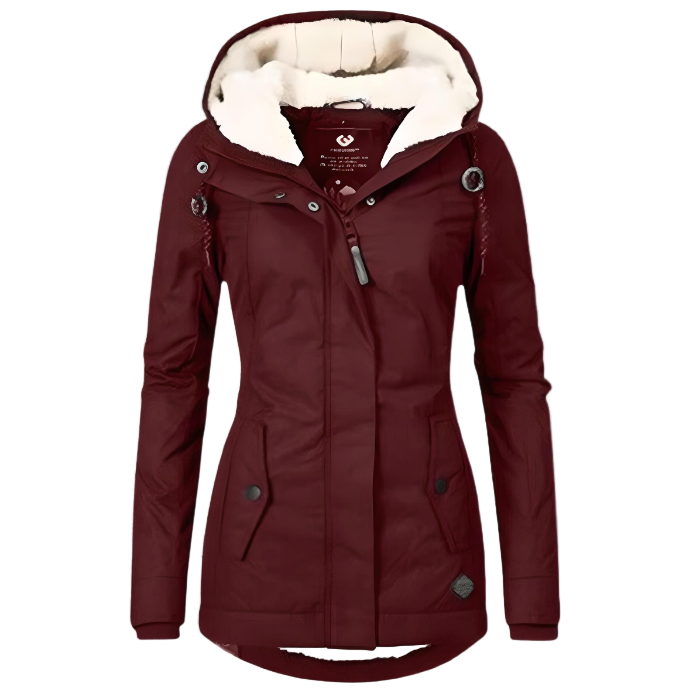 Women's hooded winter coat with fur-lined hood and front pockets