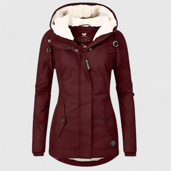 Women's hooded winter jacket with long sleeves, drawcord hood and front pockets
