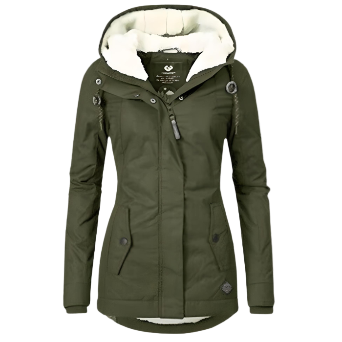 Women's hooded winter coat with fur-lined hood and front pockets