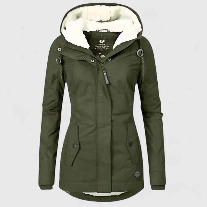 Women's hooded winter jacket with long sleeves, drawcord hood and front pockets