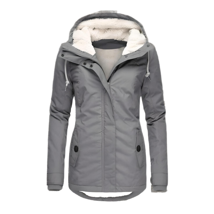 Women's hooded winter coat with fur-lined hood and front pockets