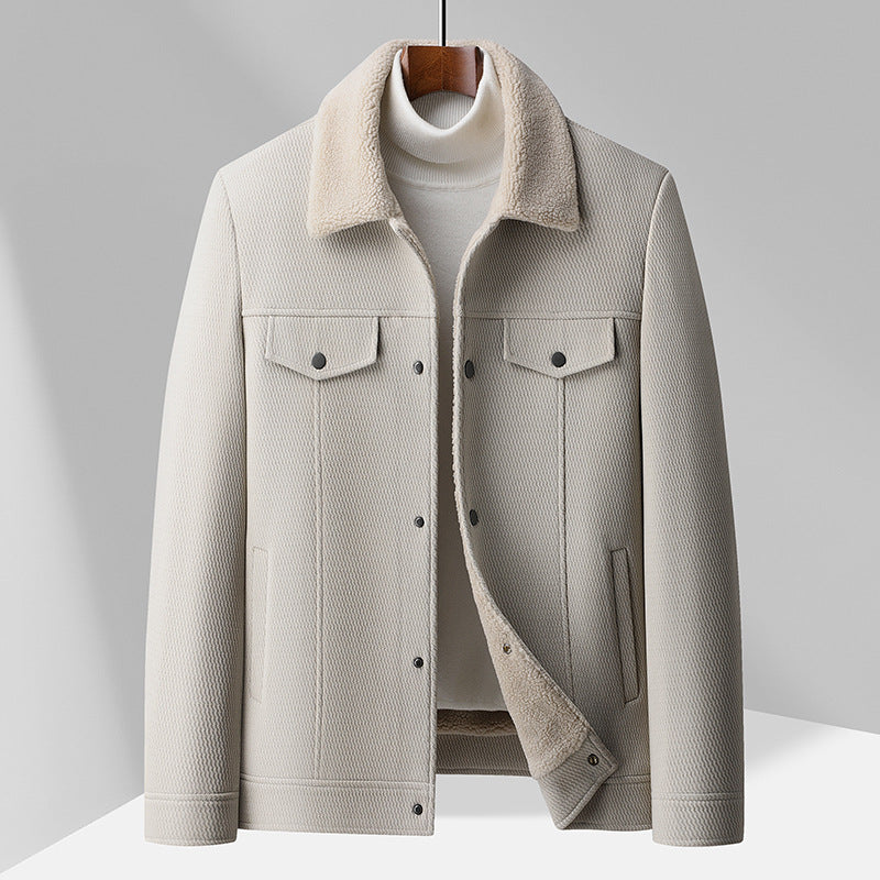Men's textured button-front jacket with contrast shearling-style collar and chest pockets