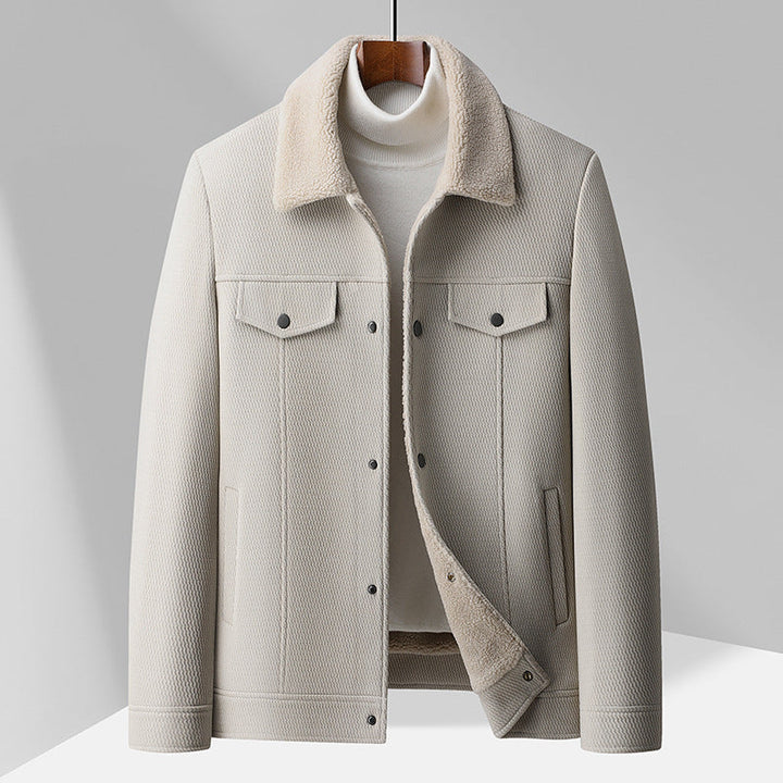 Men's textured button-front jacket with contrast shearling-style collar and chest pockets