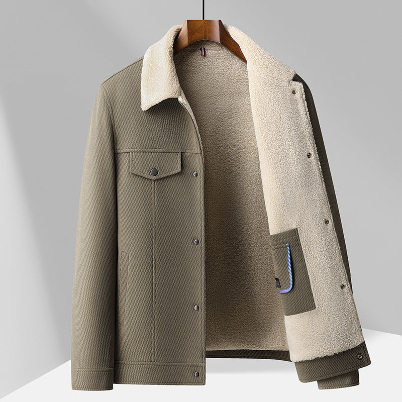 Men's textured button-front jacket with contrast shearling-style collar and chest pockets