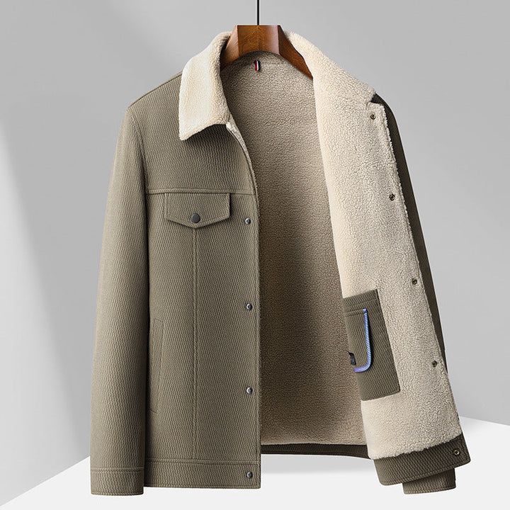 Men's textured button-front jacket with contrast shearling-style collar and chest pockets