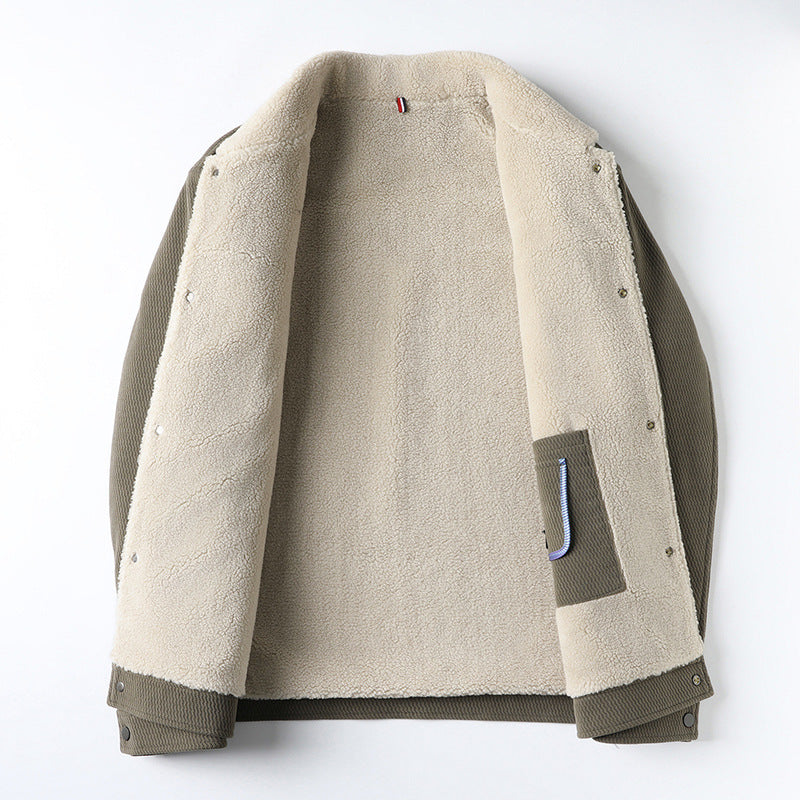 Men's textured button-front jacket with contrast shearling-style collar and chest pockets