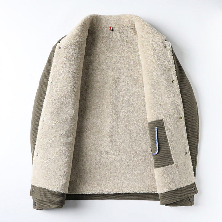 Men's textured button-front jacket with contrast shearling-style collar and chest pockets