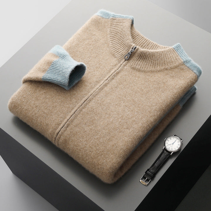 Men's knitted zip-up jacket with mock neck and contrasting ribbed trims