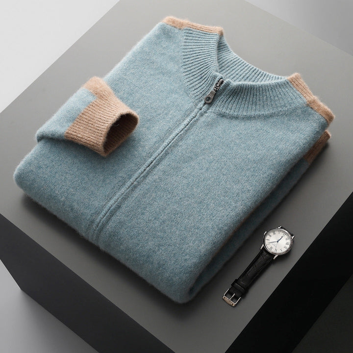 Men's knitted zip-up jacket with mock neck and contrasting ribbed trims