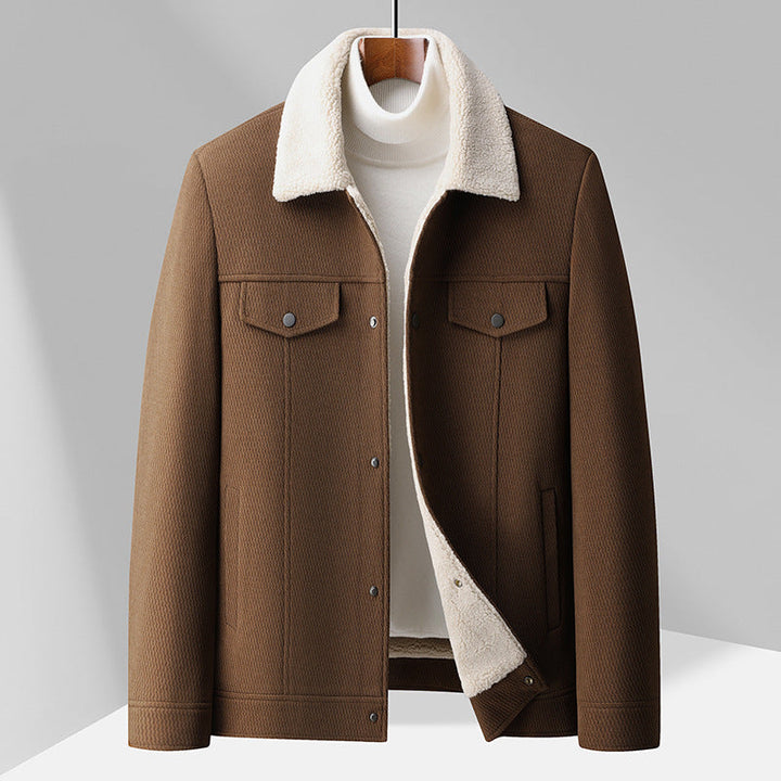 Men's textured button-front jacket with contrast shearling-style collar and chest pockets