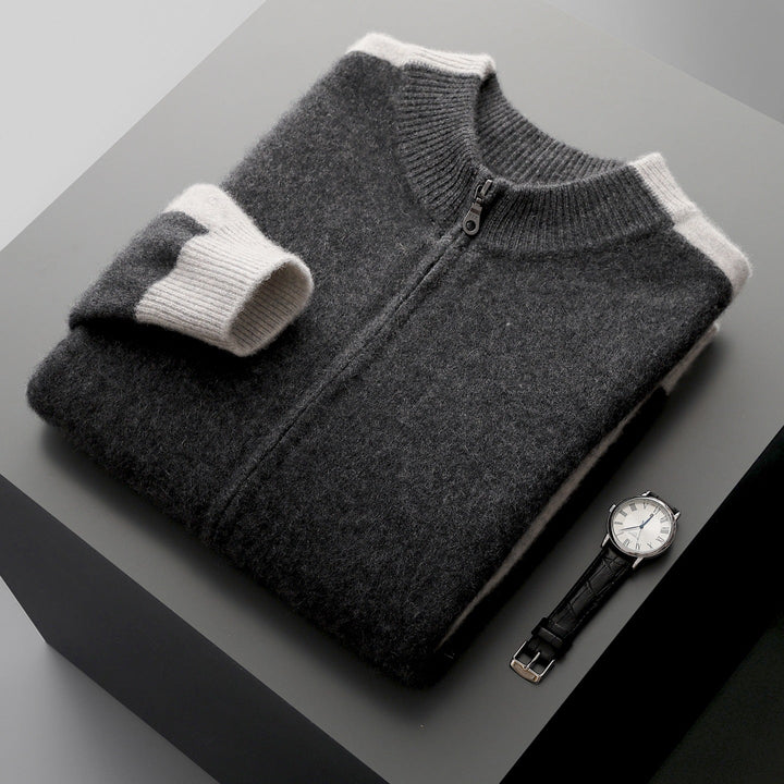 Men's knitted zip-up jacket with mock neck and contrasting ribbed trims