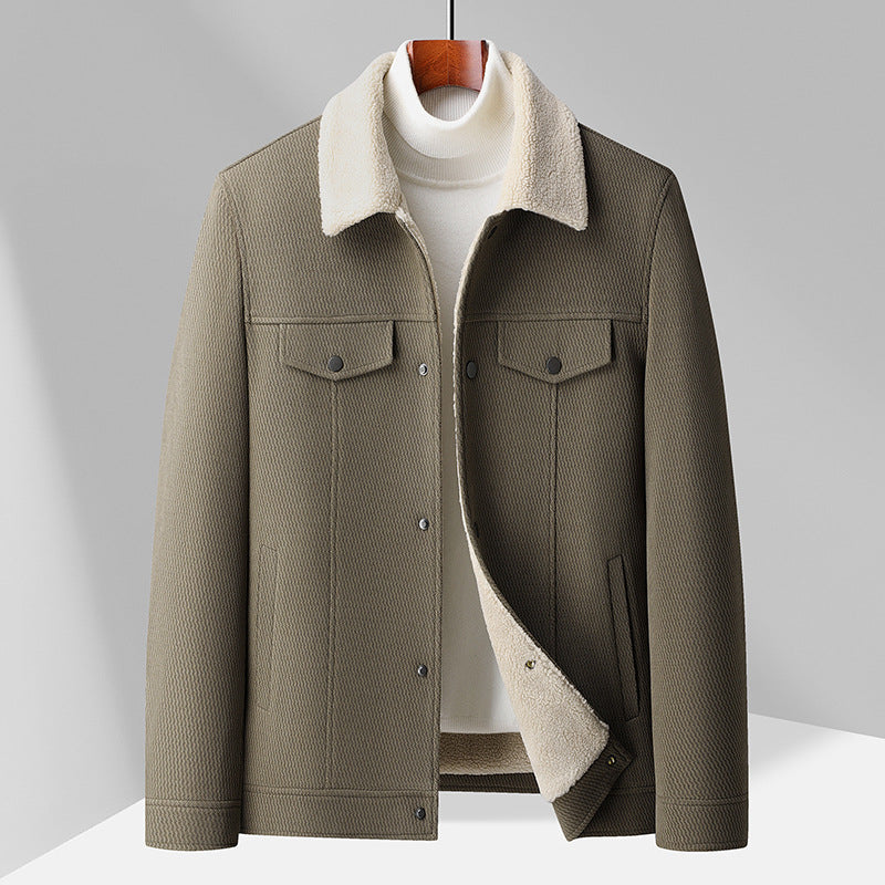 Men's textured button-front jacket with contrast shearling-style collar and chest pockets