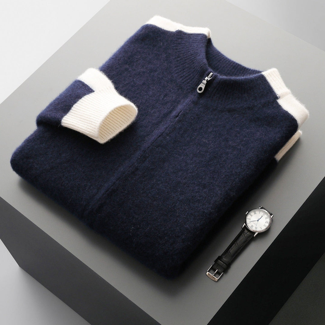 Men's knitted zip-up jacket with mock neck and contrasting ribbed trims