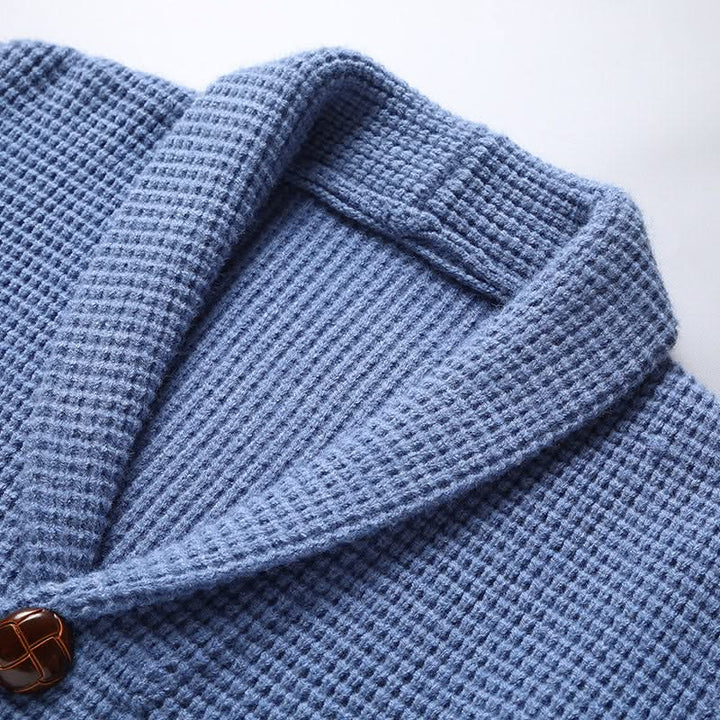 Men's textured knit cardigan with shawl collar, buttons and patch pockets