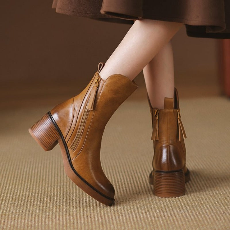 Women's ankle boots with side zippers and low block heels