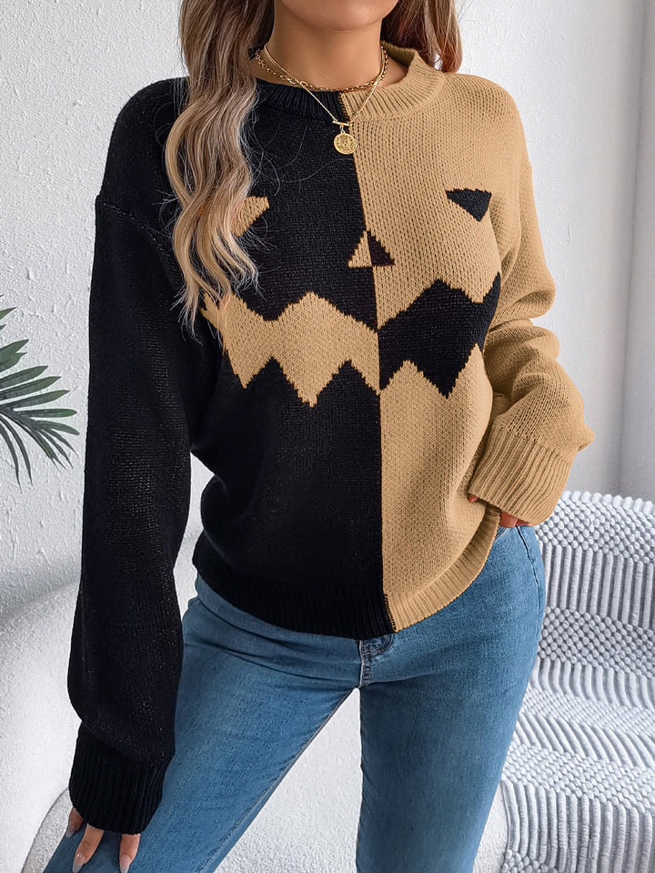 Women's geometric colour-block knitted jumper with crew neck and long sleeves