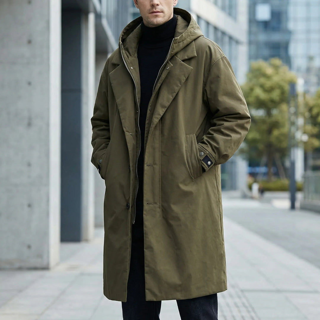 Men's longline hooded coat with zip and button front