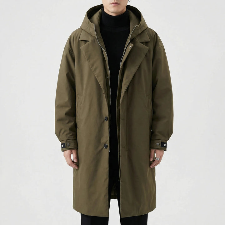 Men's longline hooded coat with zip and button front