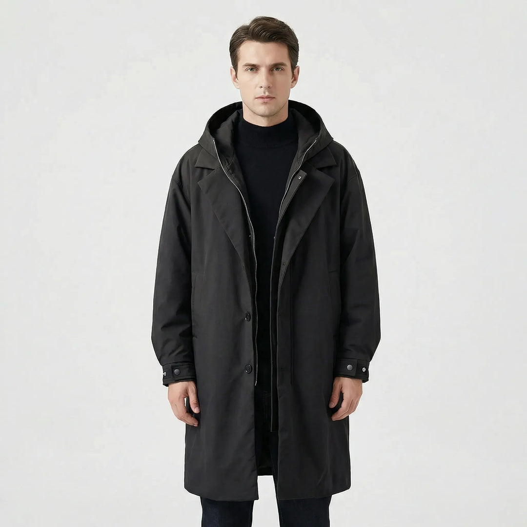 Men's longline hooded coat with zip and button front