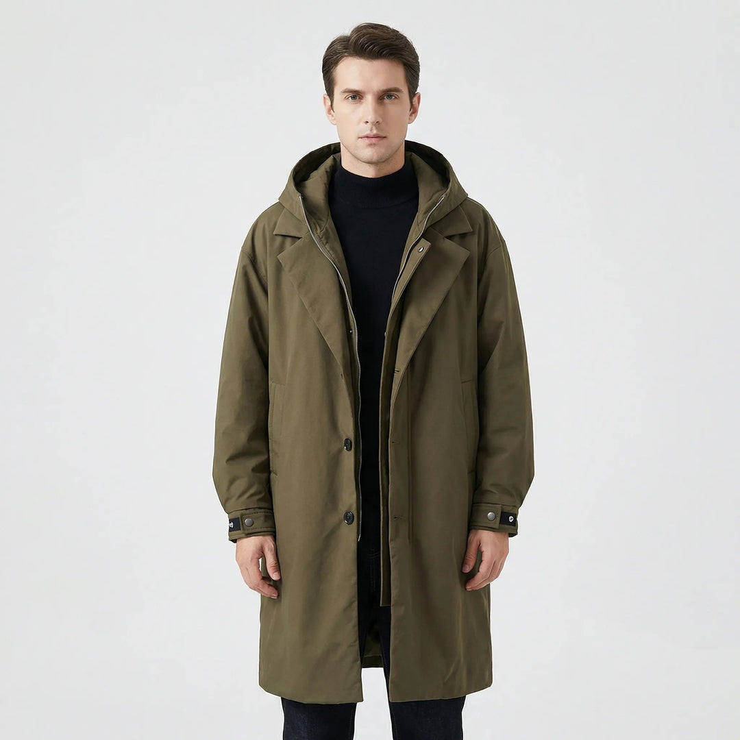 Men's longline hooded coat with zip and button front