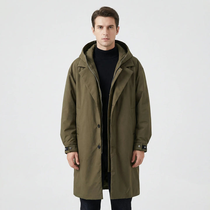 Men's longline hooded coat with zip and button front