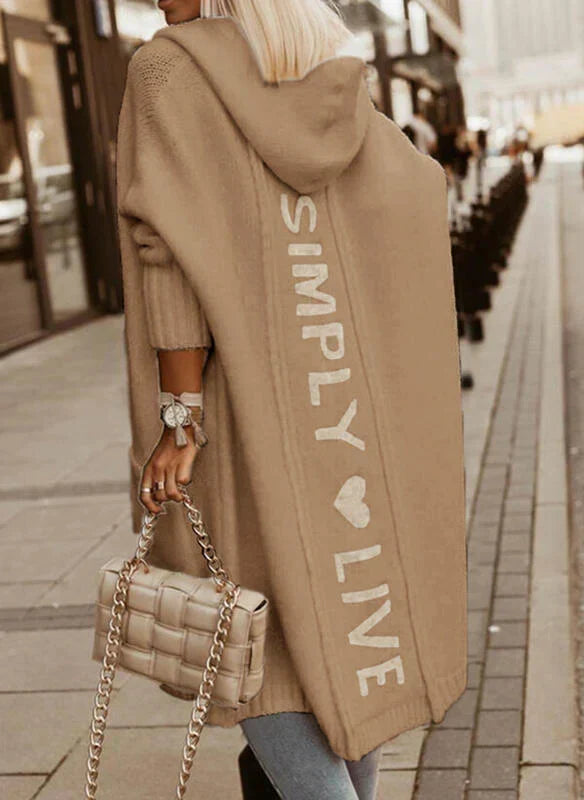 Women's longline hooded knitted cardigan with vertical back text detail