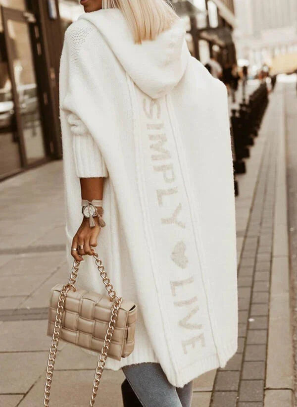 Women's longline hooded knitted cardigan with vertical back text detail
