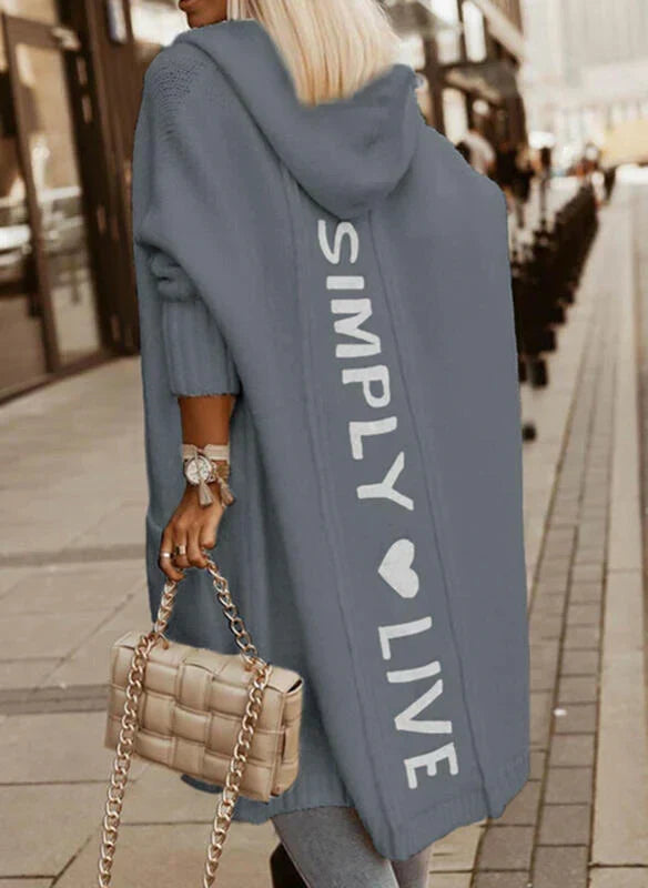Women's longline hooded knitted cardigan with vertical back text detail
