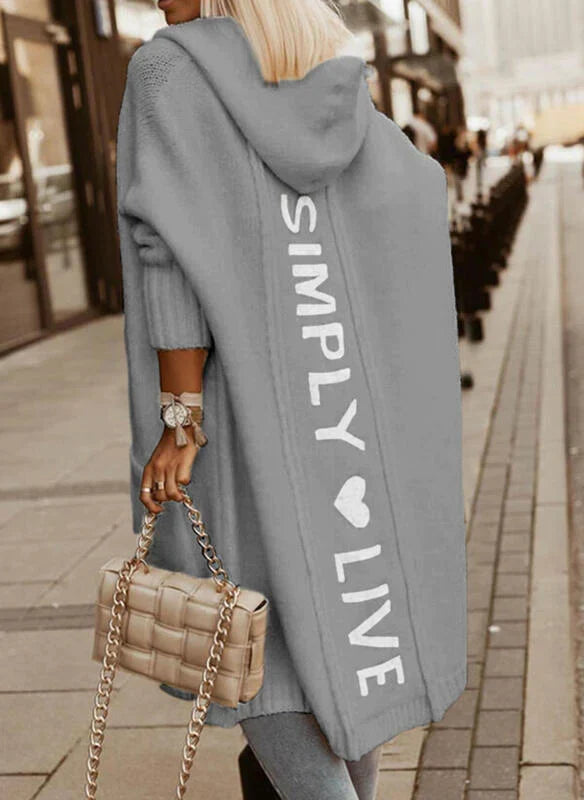 Women's longline hooded knitted cardigan with vertical back text detail