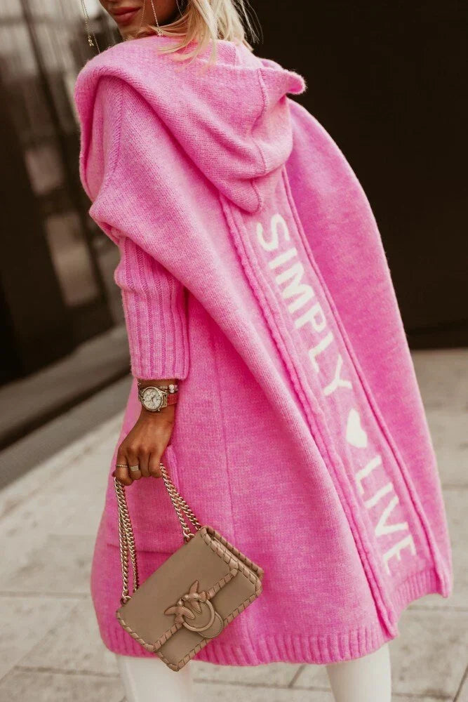 Women's longline hooded knitted cardigan with vertical back text detail