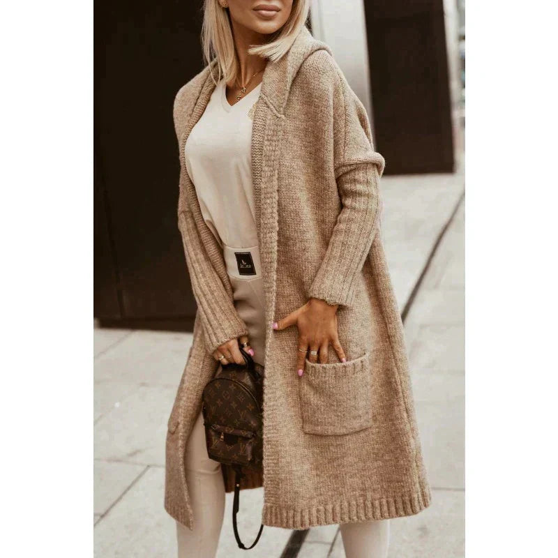 Women's longline hooded knitted cardigan with vertical back text detail