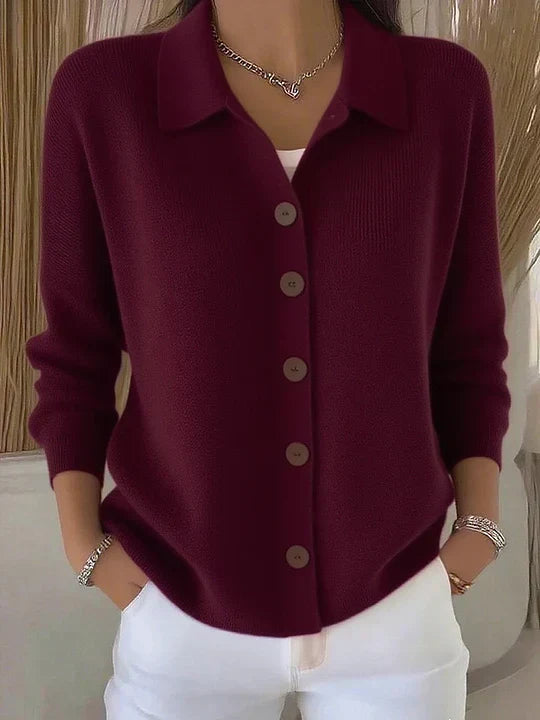Women's collared button-front cardigan with long sleeves and ribbed trims