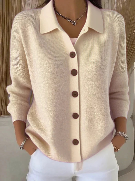Women's collared button-front cardigan with long sleeves and ribbed trims