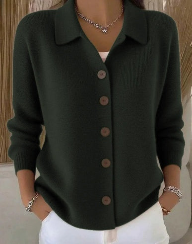 Women's collared button-front cardigan with long sleeves and ribbed trims