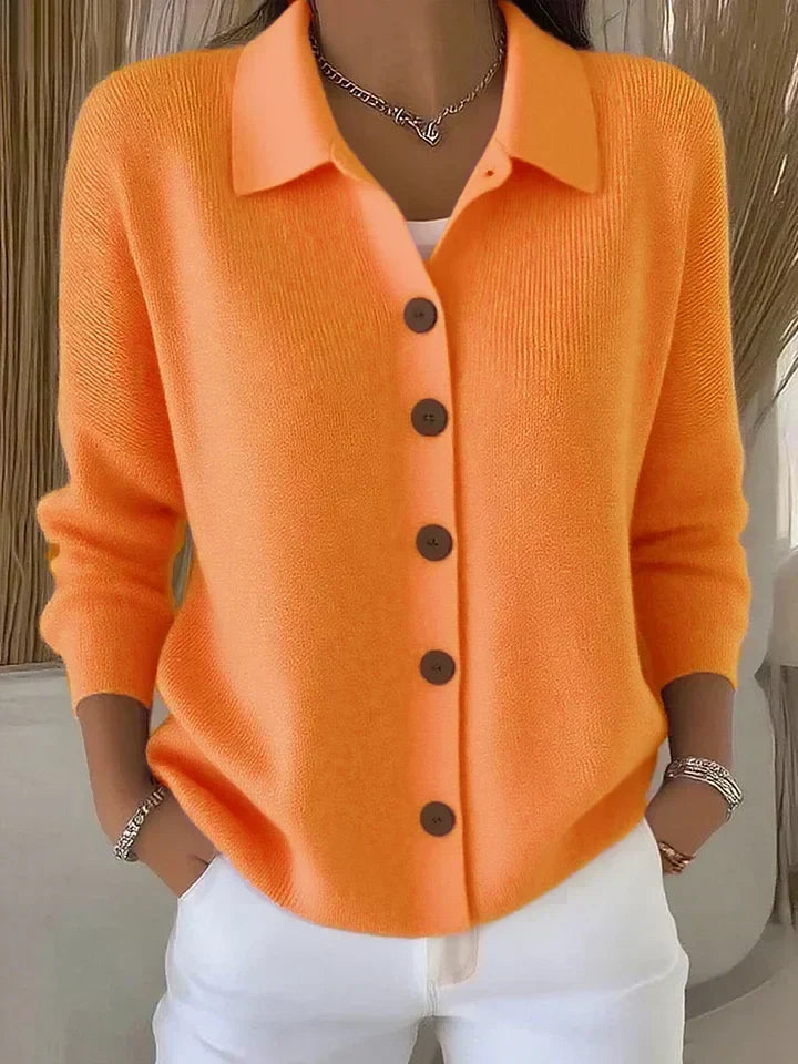 Women's collared button-front cardigan with long sleeves and ribbed trims