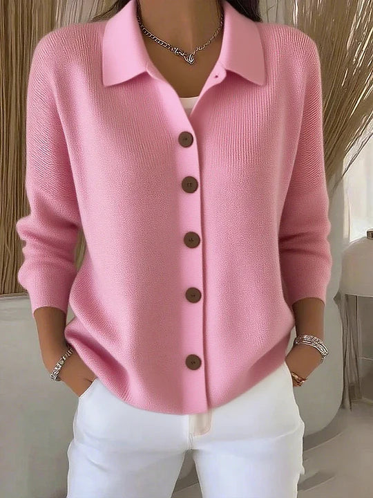 Women's collared button-front cardigan with long sleeves and ribbed trims