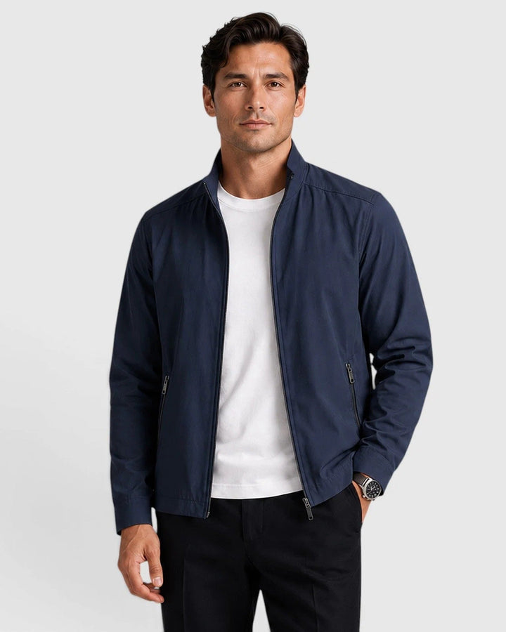 Men's stand collar zip jacket with long sleeves and zipped pockets